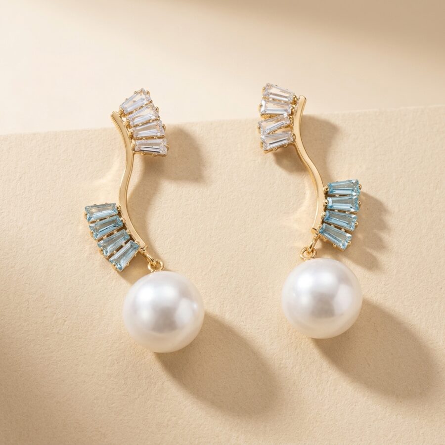 Gold Baguette Pearl Drop Earrings