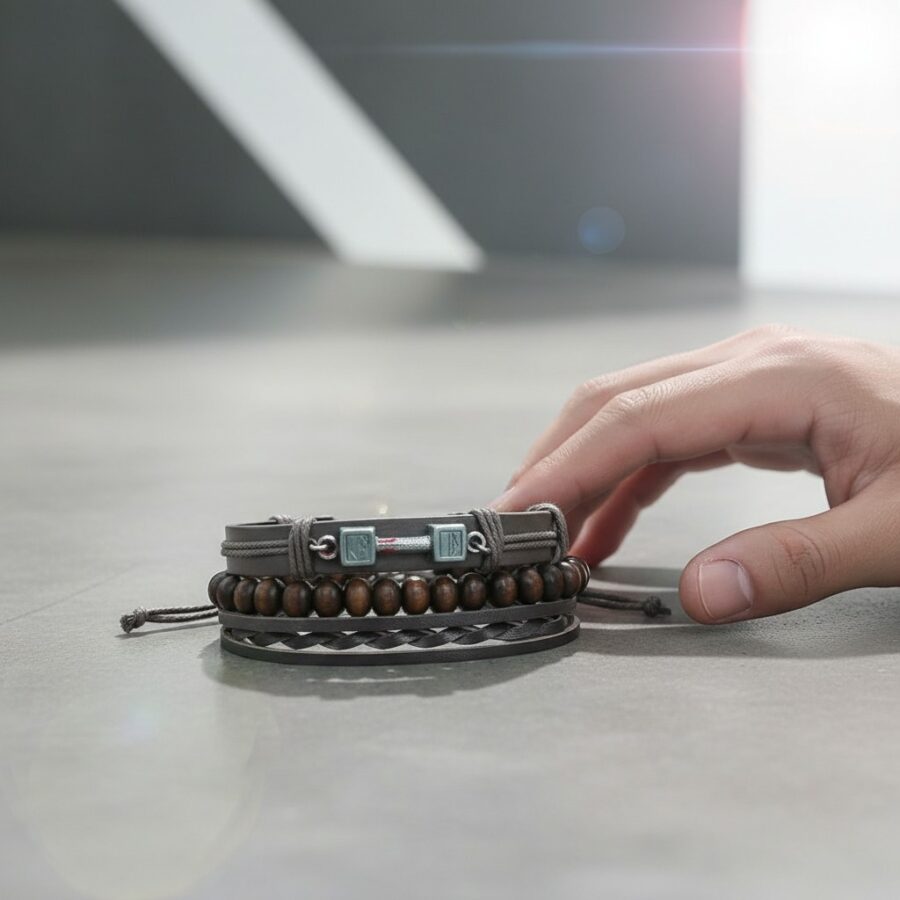 Grey Leather Wood Bead Wrap Band