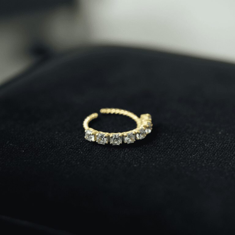 Radiant line gold nose ring with princess cut CZ – stainless steel Pakistan – view 2