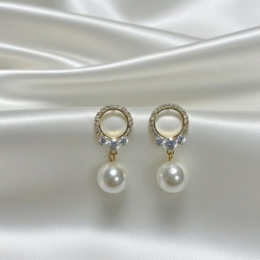 Gold CZ halo pearl earrings for women – stainless steel earrings Pakistan – view 2