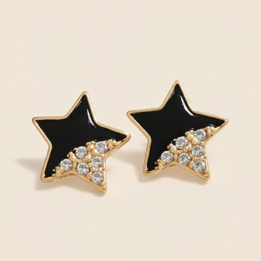 Gold Stainless Steel star Stud Eartops With Black Enamel