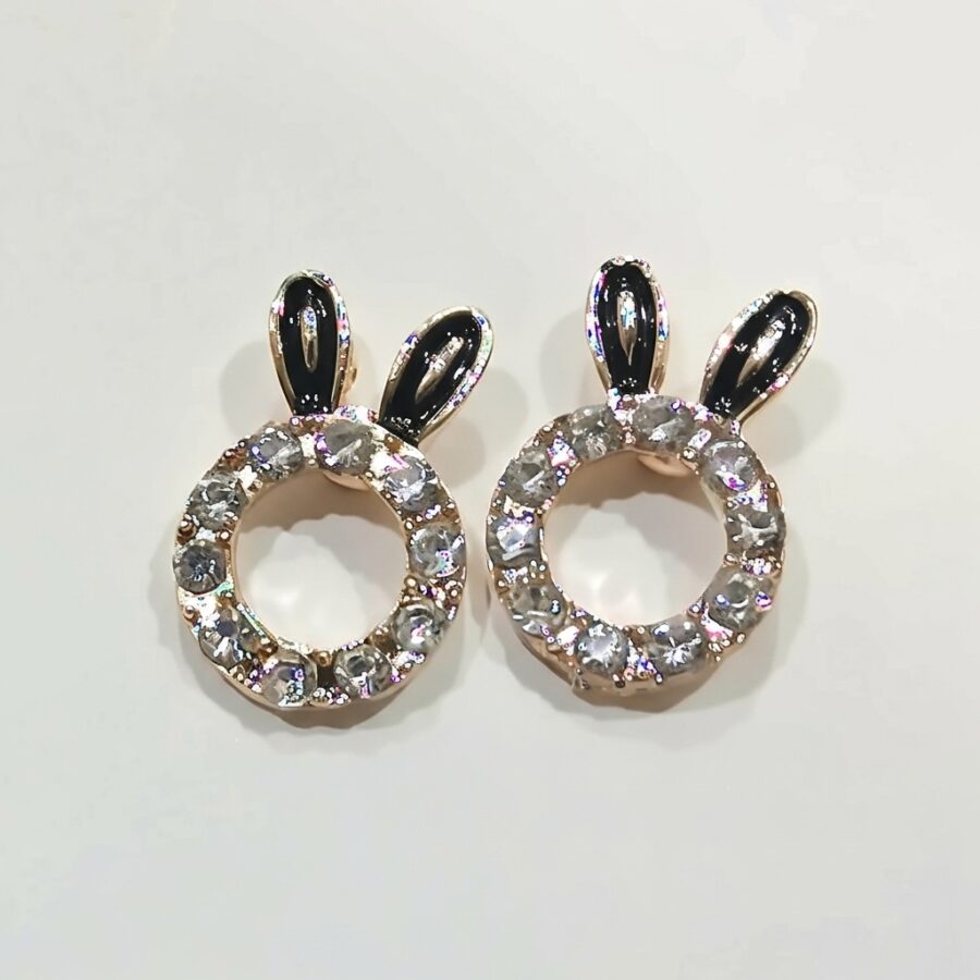 Gold Stainless Steel Bunny Hoop Eartops With Crystal Halo