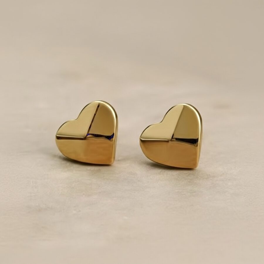 Gold Stainless Steel Heart Stud Eartops With Blue Accent