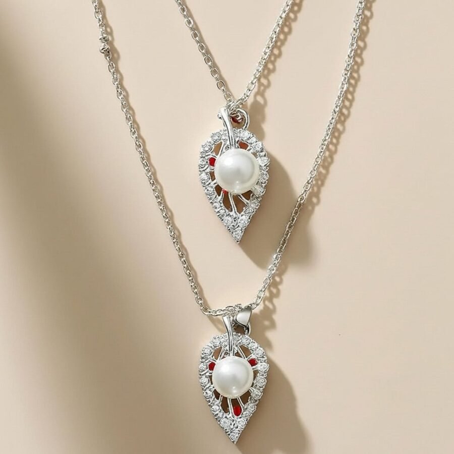 Silver pearl leaf pendant necklace and ear tops set – stainless steel Pakistan – view 2
