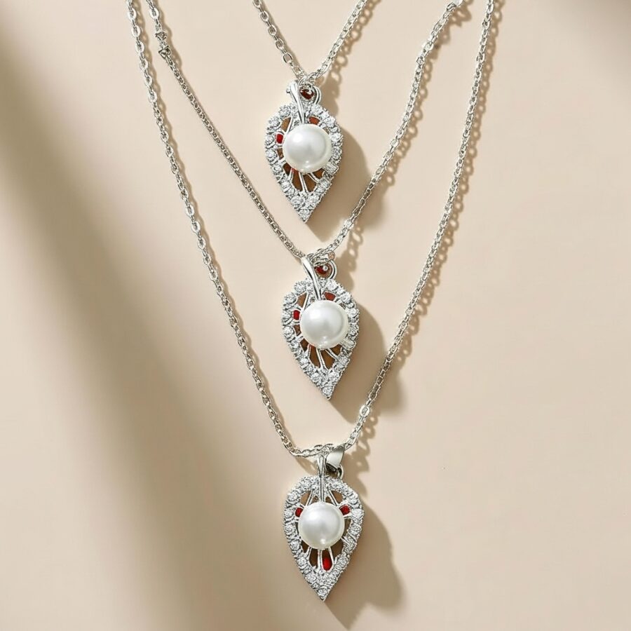 Silver Pearl Leaf Pendant Necklace Set