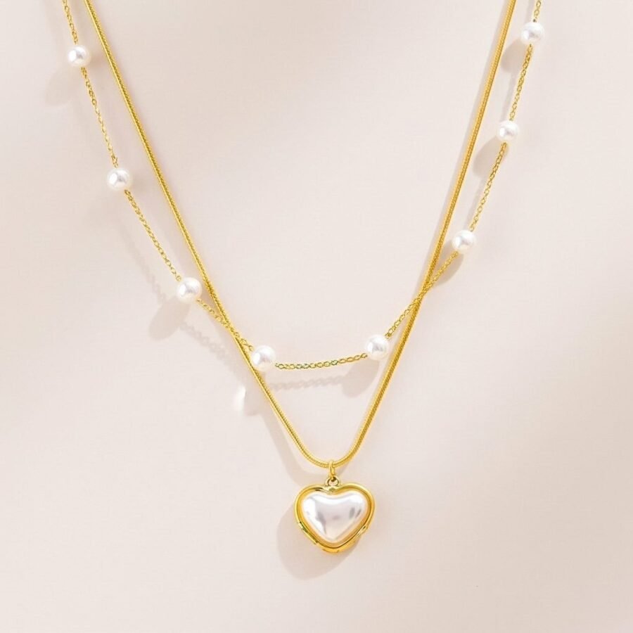 Pearl heart locket layered necklace for women – stainless steel Pakistan – view 2