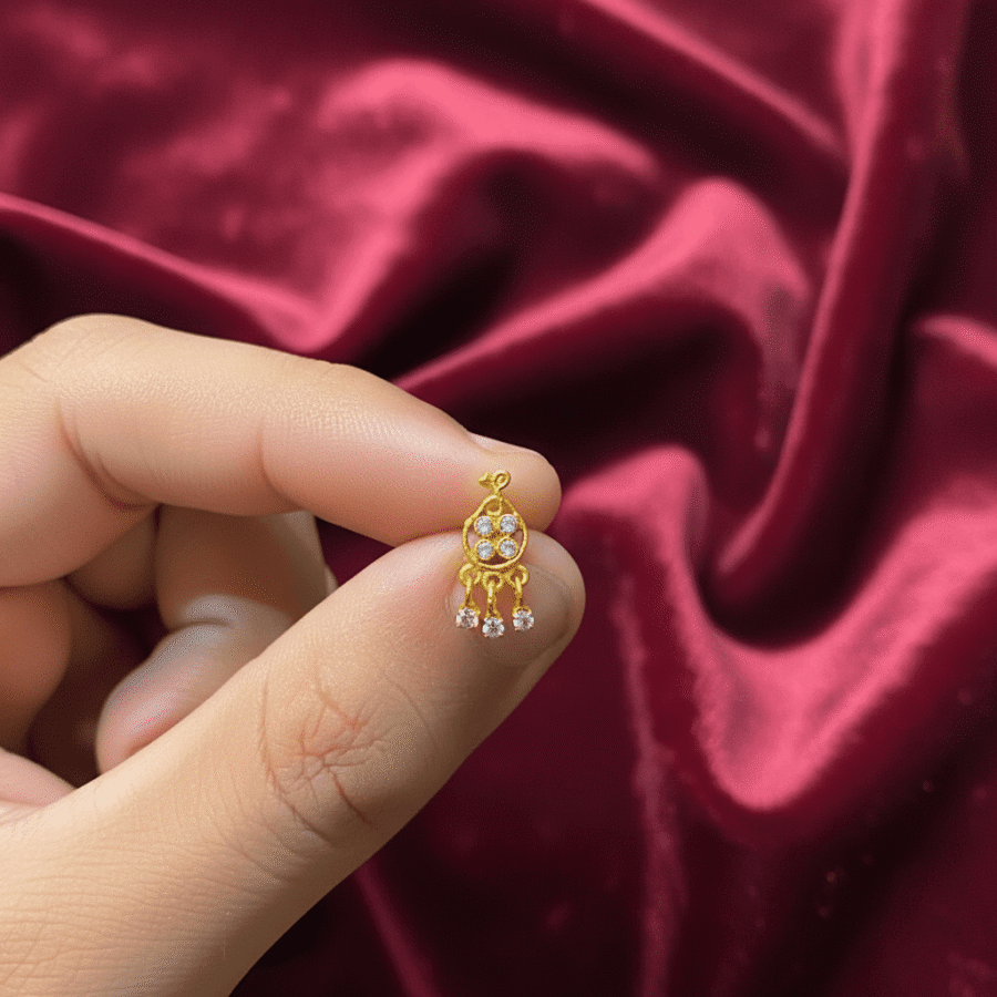 Gold ornate paisley diamond drop nose pin for women – stainless steel Pakistan – view 2