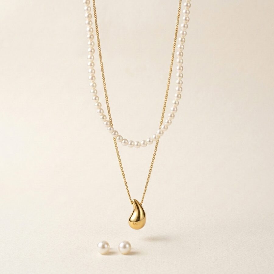 Layered Pearl Gold Drop Necklace Set