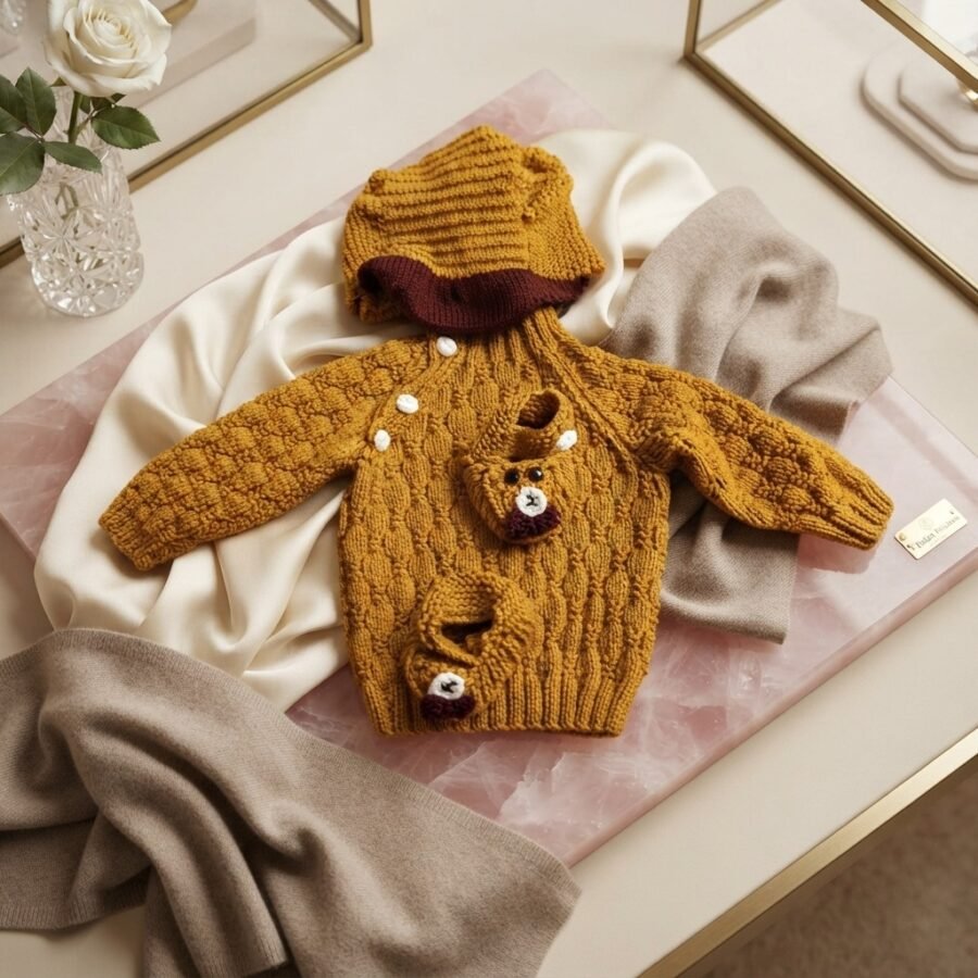 Handmade Teddy Bear Newborn Set – Hand-Knitted Sweater, Hat & Booties